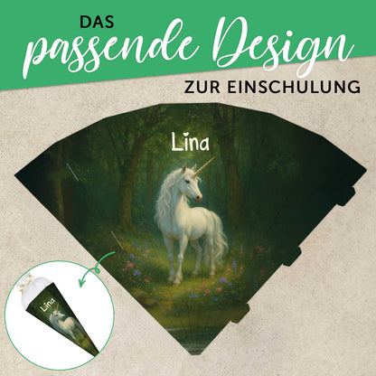 Bedruckte Schultüte mit Namen - Einhorn Wald