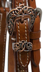 Westernzaum, Trense mit V-Stirnband, kupferfarbene Schnallen, Nieten und Conchos, braun,
