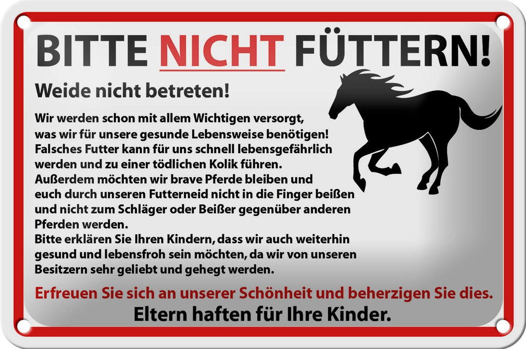 Blechschild Hinweis 18x12cm Bitte nicht füttern Pferde
