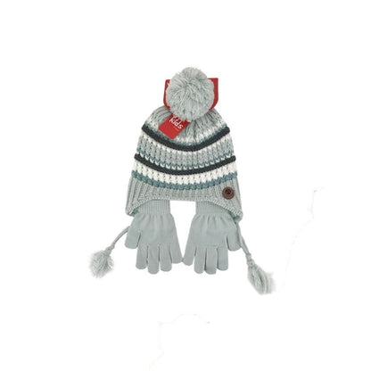 Kinder Winter Mütze mit Handschuhen » Gestreiftes Set » Kindermütze mit Streifen und Fingerhandschuhe