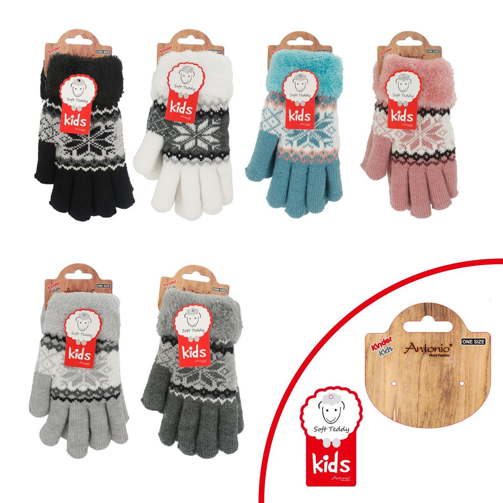 Vevotex - Kinderhandschuhe mit Soft Teddy » gefütterte Kinder Handschuhe » Fingerhandschuhe Angori » Kinder Winterhandschuhe » Strickhandschuhe mit Norweger Stern