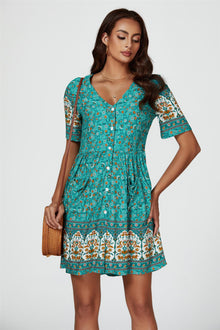 Print Boho Mini Dress In Green