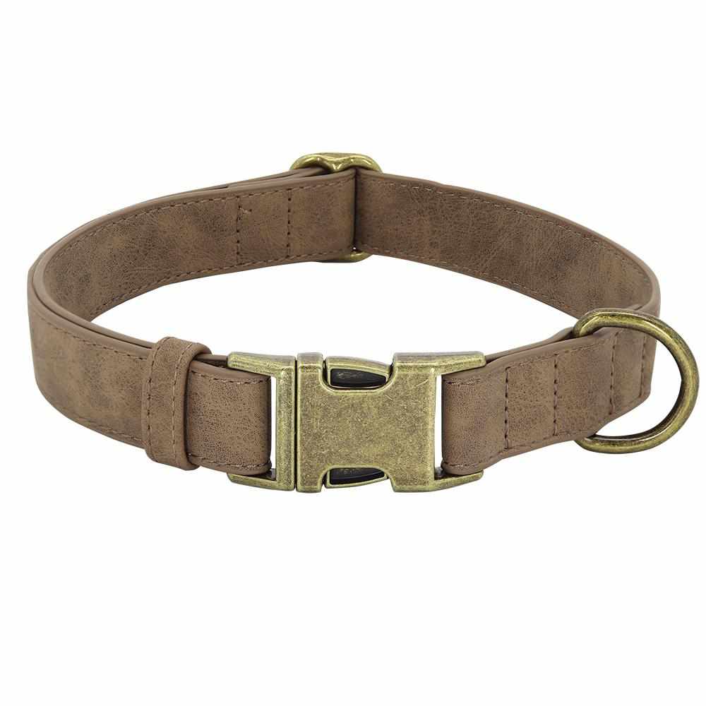 Edles Hundehalsband im Vintagelook mit Messingschnalle und kostenloser Gravur Name und Telefon