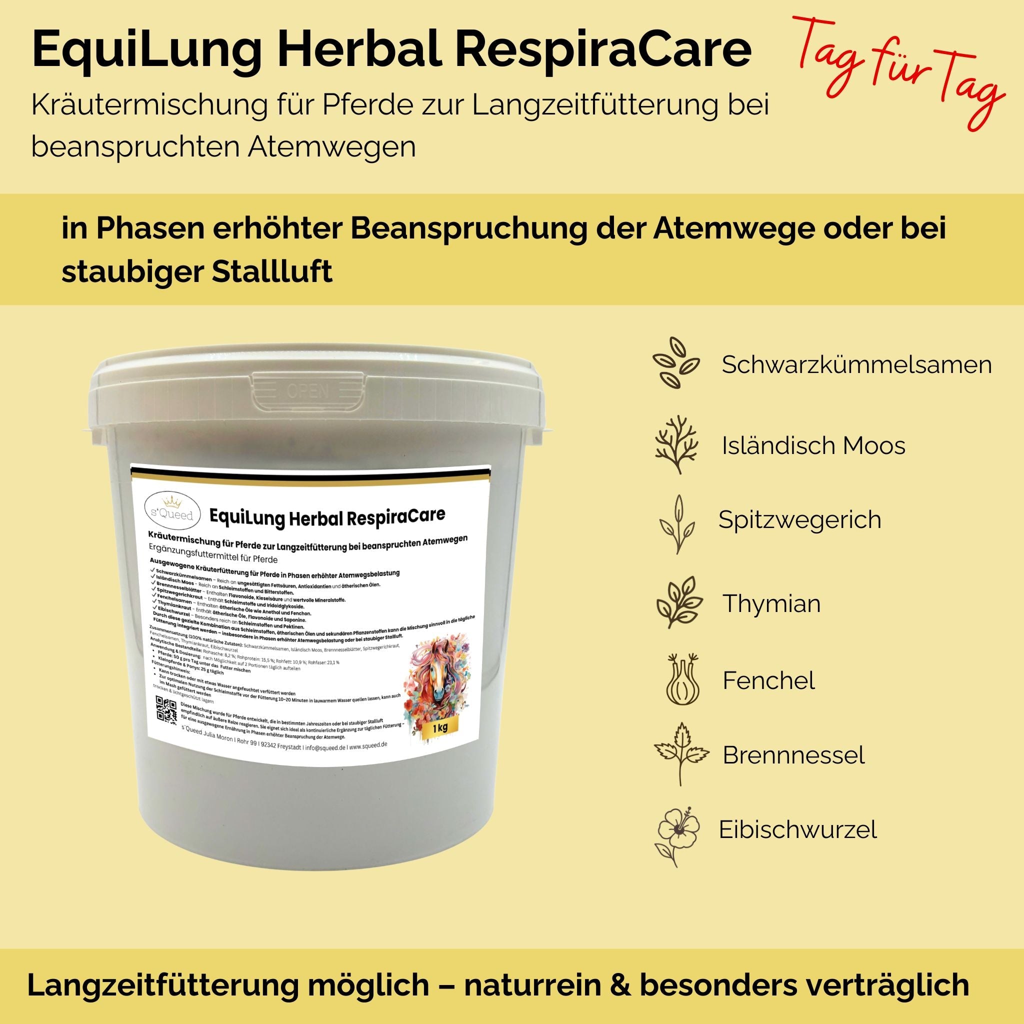 EquiLung Herbal RespiraCare – Kräutermischung für Pferde zur Langzeitfütterung bei beanspruchten Atemwegen durch nasskaltes Wetter und Temperaturwechsel