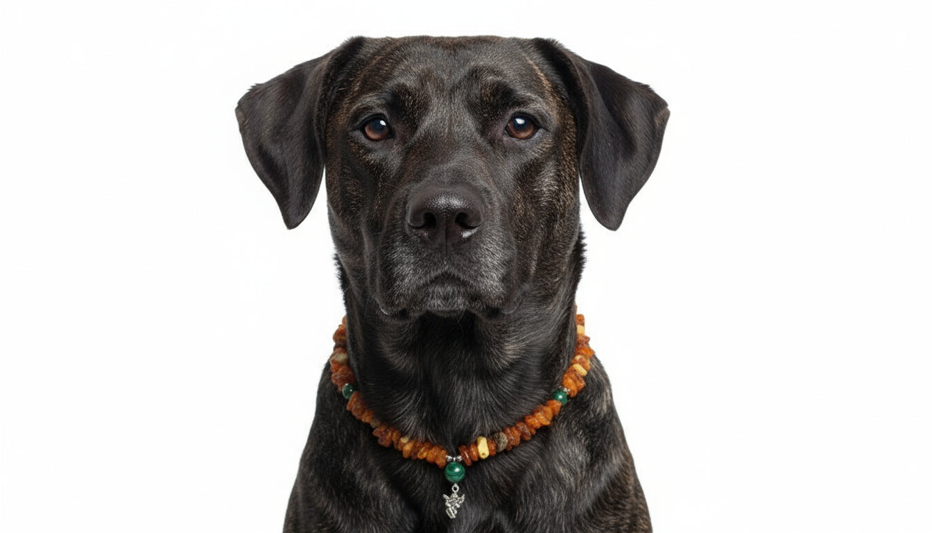 amberdog - Hunde Bernsteinkette mit Malachit Engel Länge 47cm