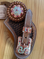 Western Sporenriemen braun mit rosegoldenen Strass-Conchos und verzierten Schnallen