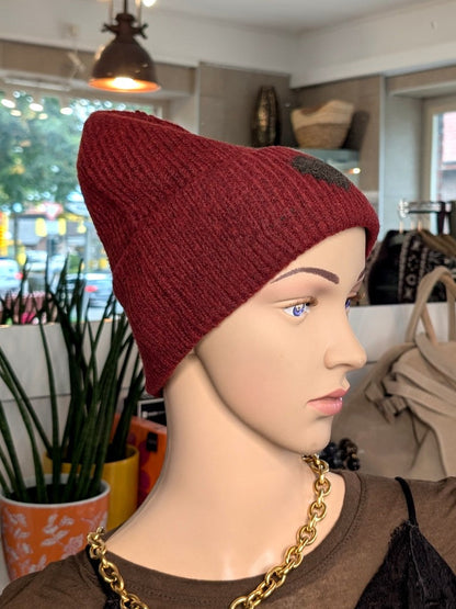 Mütze mit Umschlag Bordeaux Rot mit Herz Coffee Braun Viskose Wolle weich flauschig