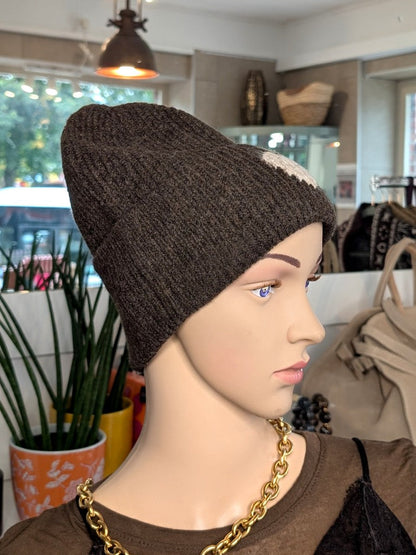 Mütze mit Umschlag Coffee Braun mit Herz Beige Viskose Wolle weich flauschig