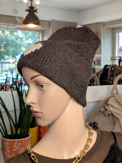 Mütze mit Umschlag Coffee Braun mit Herz Beige Viskose Wolle weich flauschig