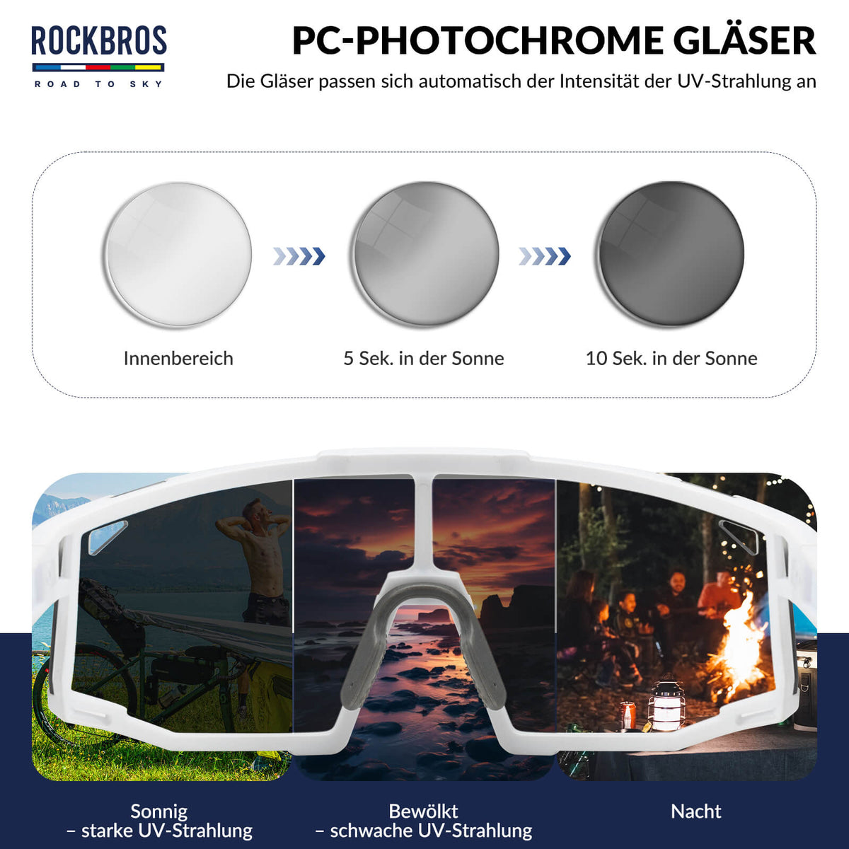 ROAD TO SKY Photochrome Fahrradbrille UV400 Schutz Verstellbare Nasenpads