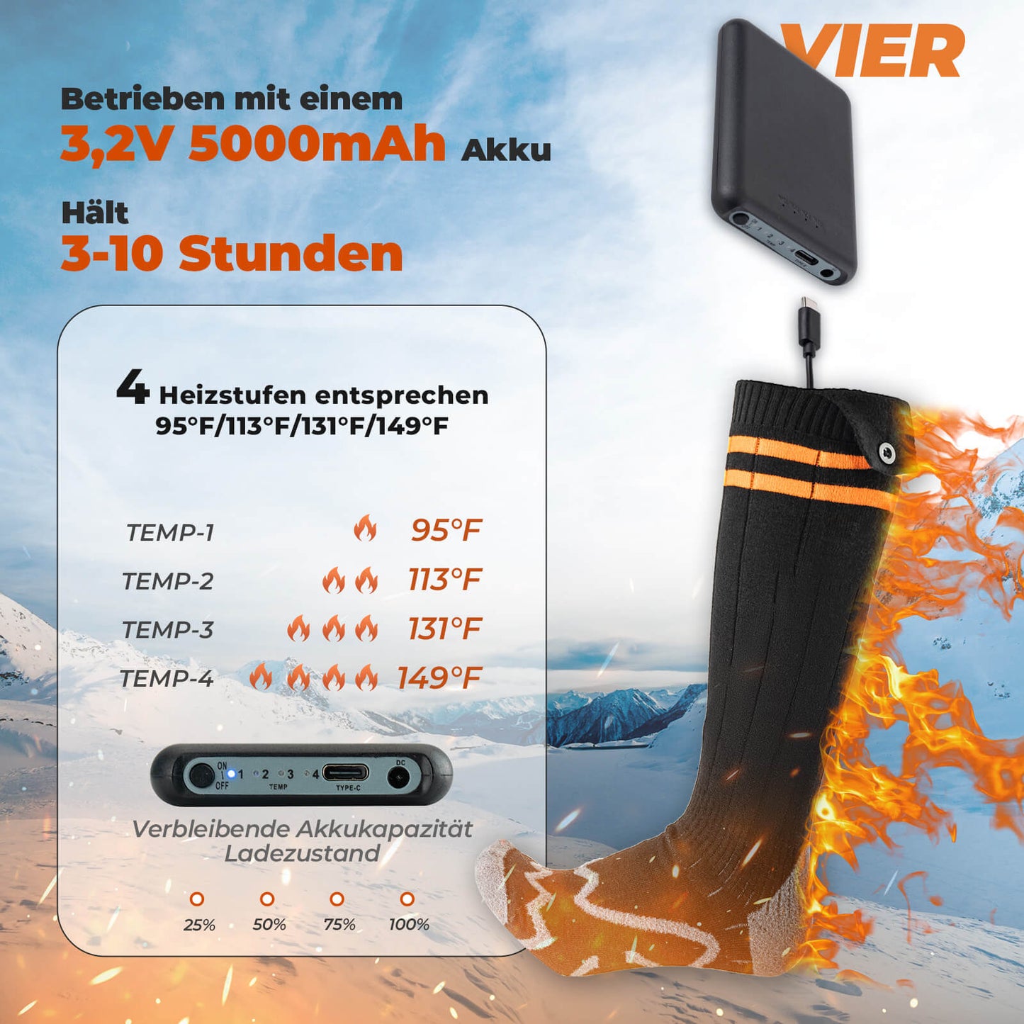 Sportsocken Winter Heizsocken Wiederaufladbar 5000mAh