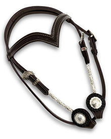 Westerntrense mit dunkelbraunem Leder mit V-Stirnriemen & Silber-Verzierungen - LpTrick