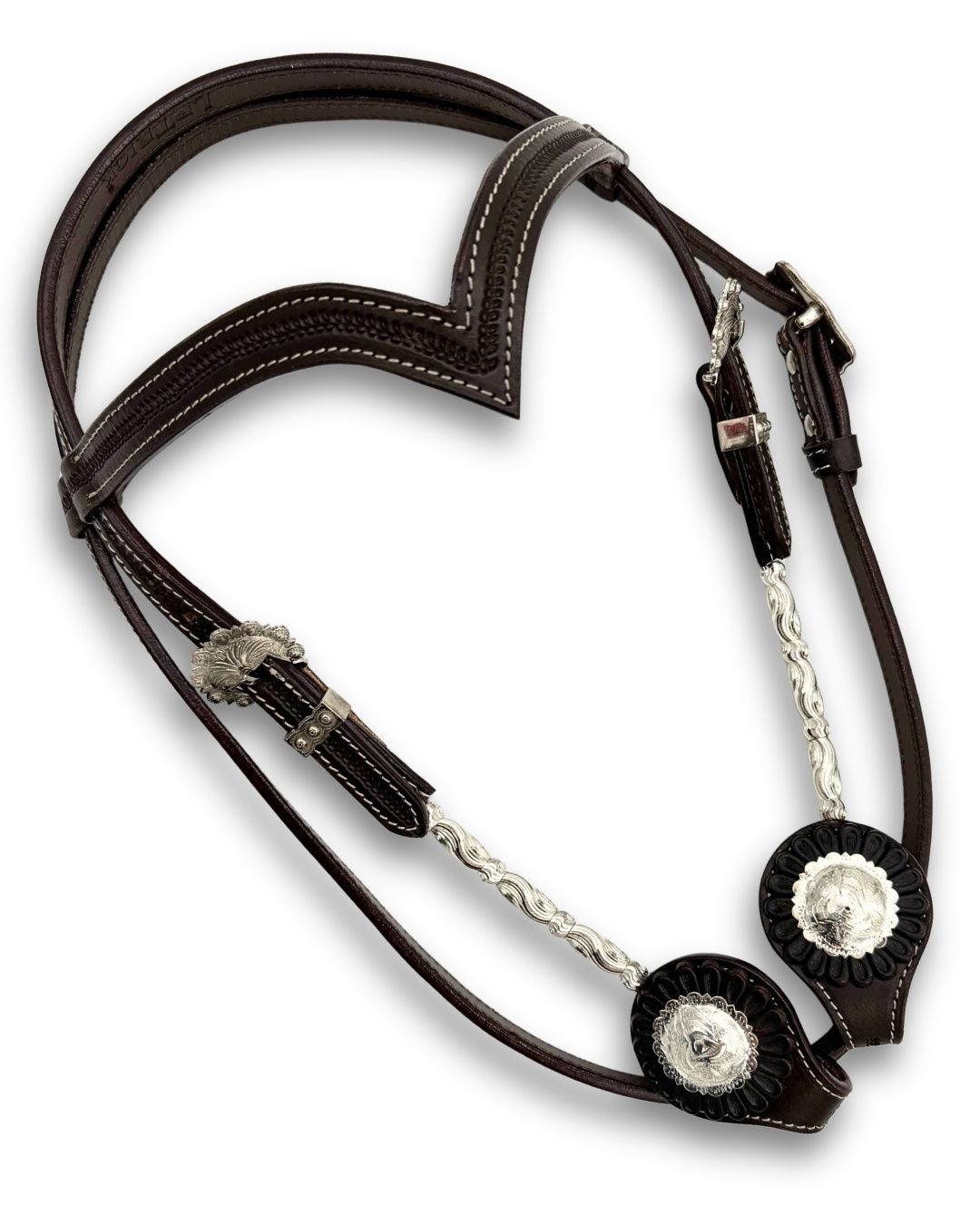 Westerntrense mit dunkelbraunem Leder mit V-Stirnriemen & Silber-Verzierungen - LpTrick