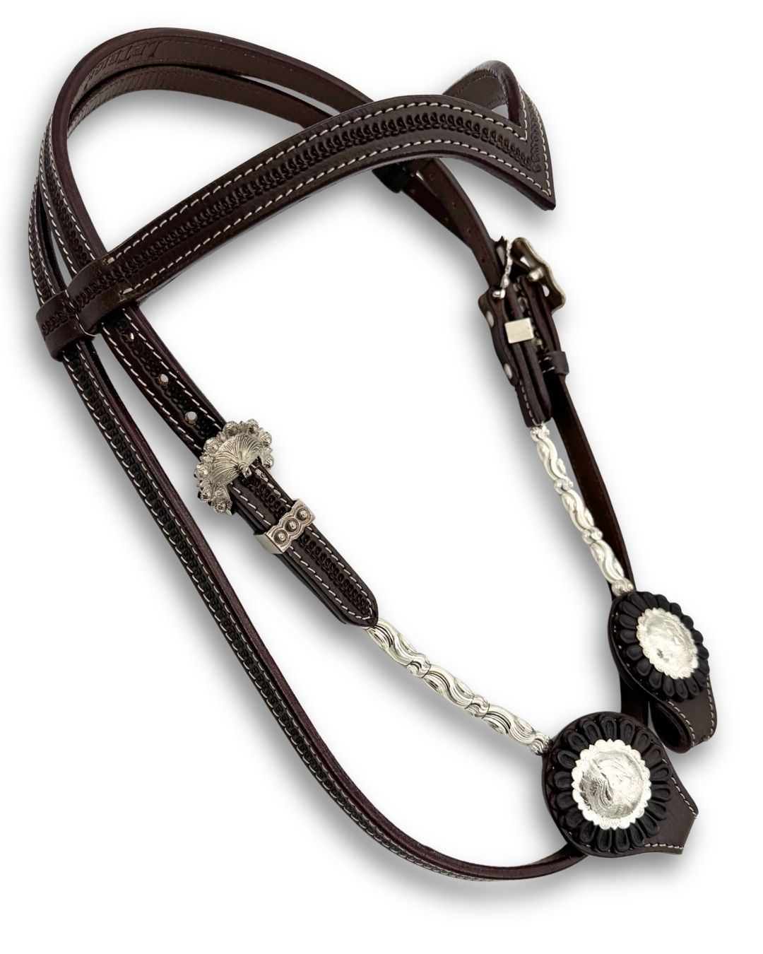 Westerntrense mit dunkelbraunem Leder mit V-Stirnriemen & Silber-Verzierungen - LpTrick