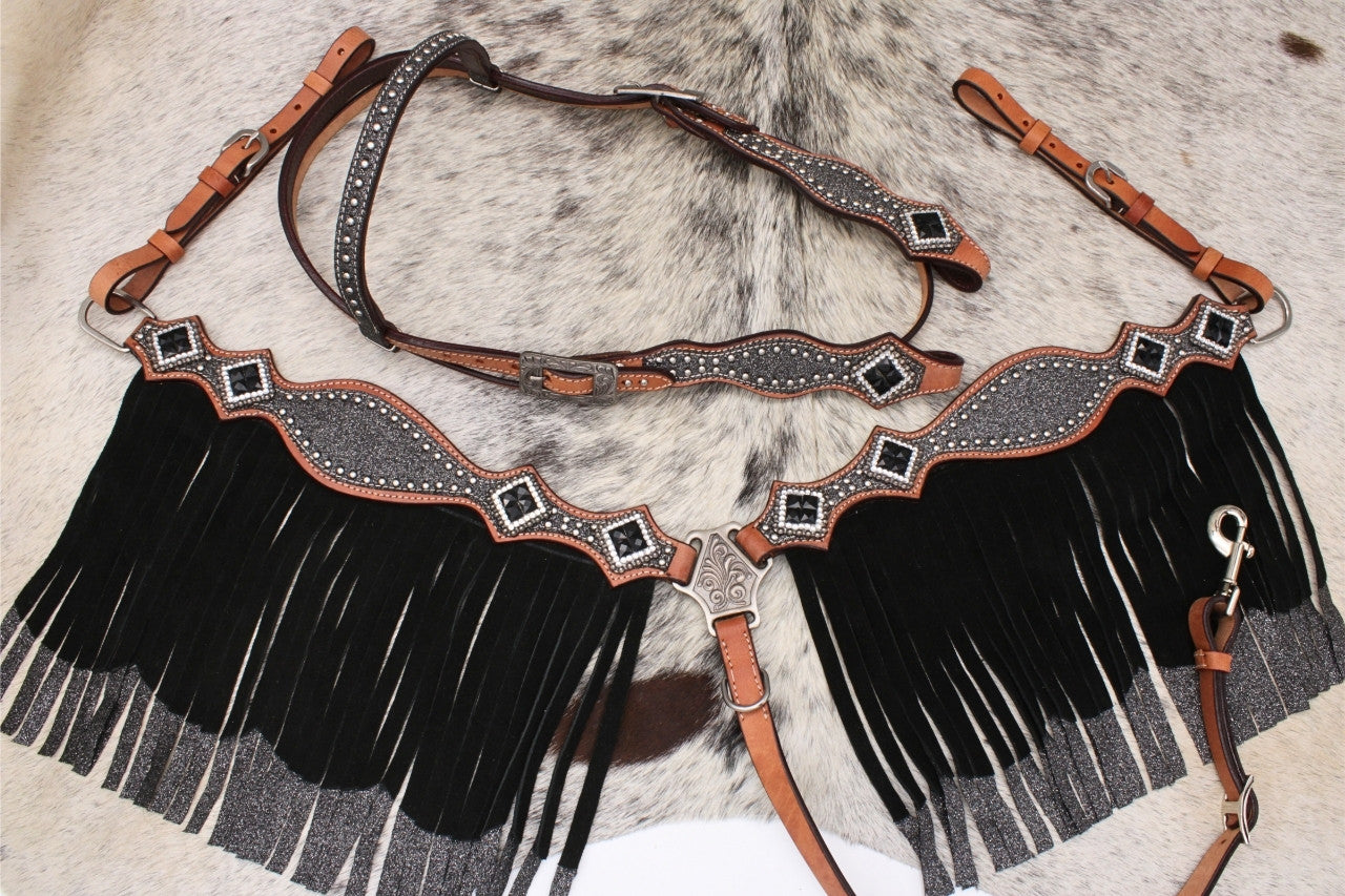 Glitzer Showtrense silber mit Vorderzeug und Fransen, Set aus Vorderzeug und Westerntrense