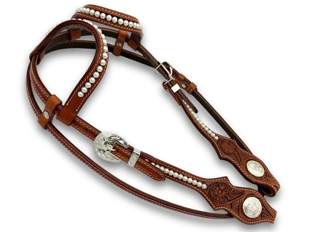 Elegante Zweiohr Westerntrense mit Perlen und Kehlriemen, medium Braun