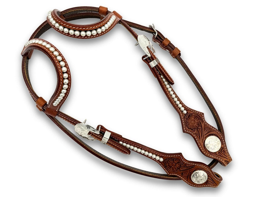 Elegante Zweiohr Westerntrense mit Perlen und Kehlriemen, medium Braun