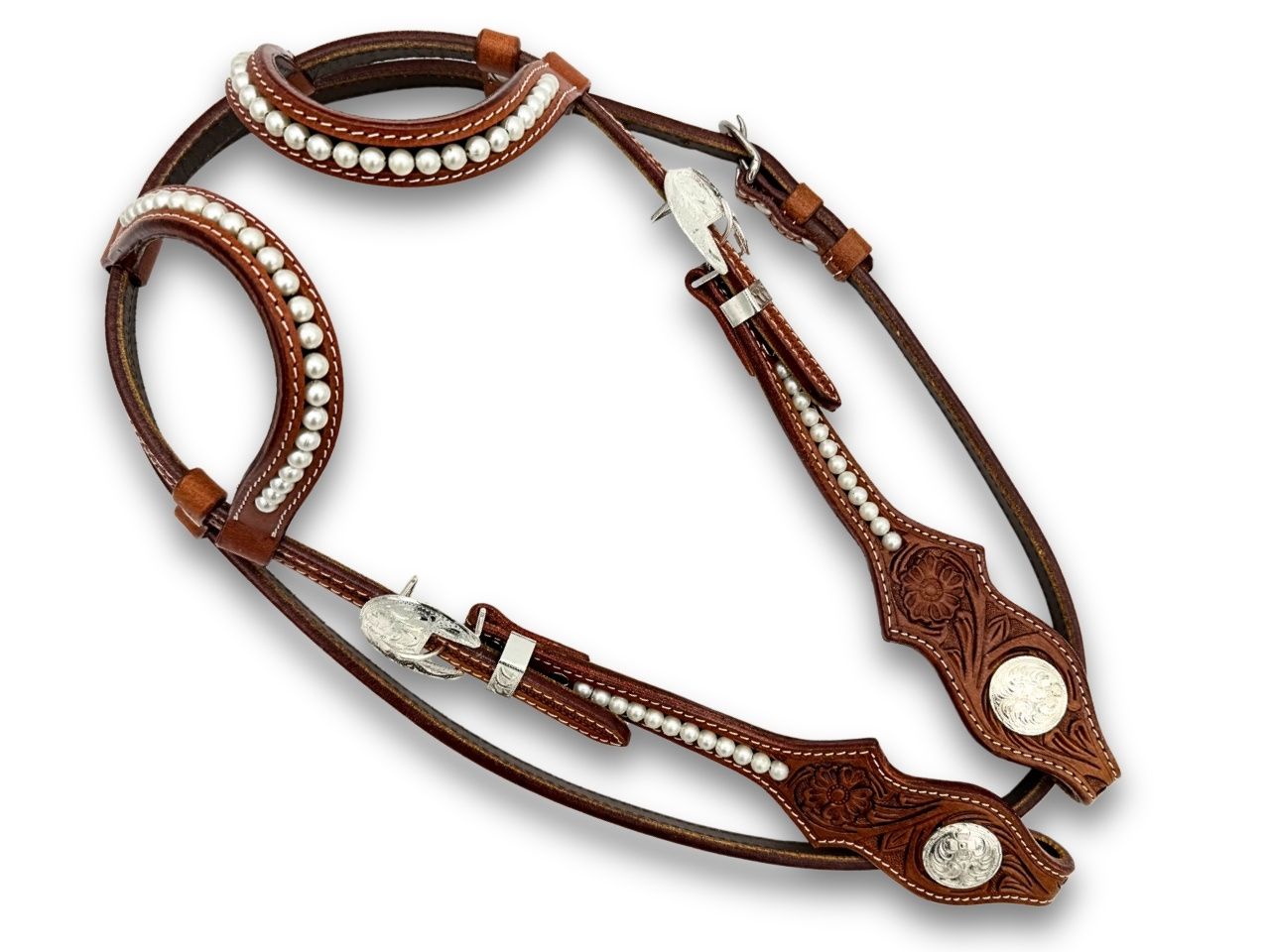 Elegante Zweiohr Westerntrense mit Perlen und Kehlriemen, medium Braun