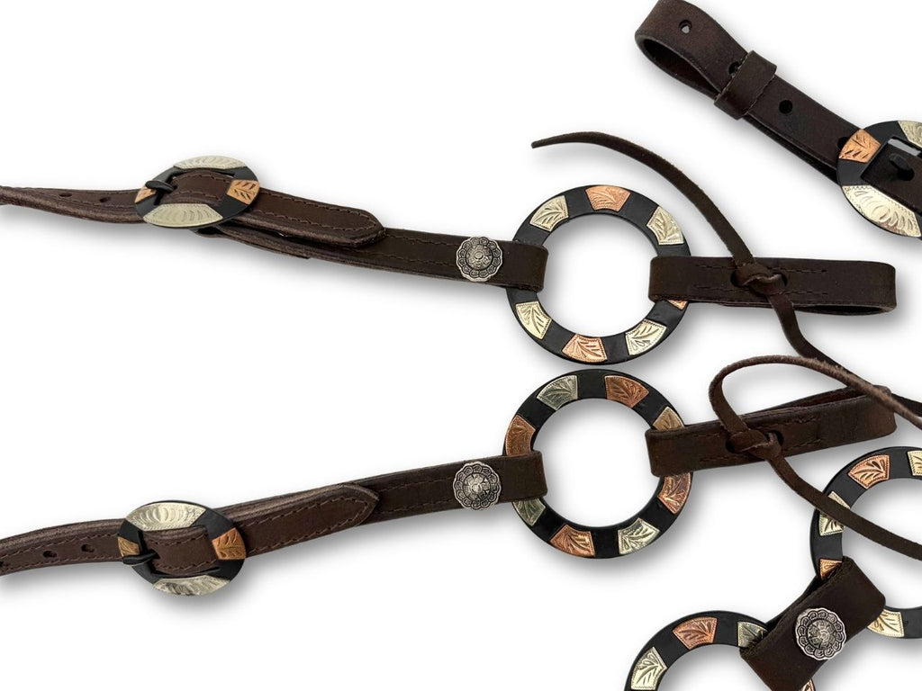 LpTrick - Einohr Westernset dunkelbraun aus Westerntrense und Vorderzeug mit Ringen