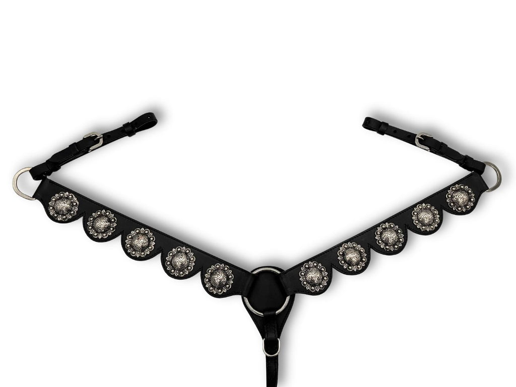 Western Vorderzeug aus Leder, schwarz mit großen Conchos Barock Vorderzeug LpTrick