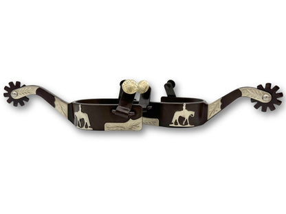 LpTrick - Westernsporen braun mit gravierter Verzierung und riding horse Emblem, Rädchensporen