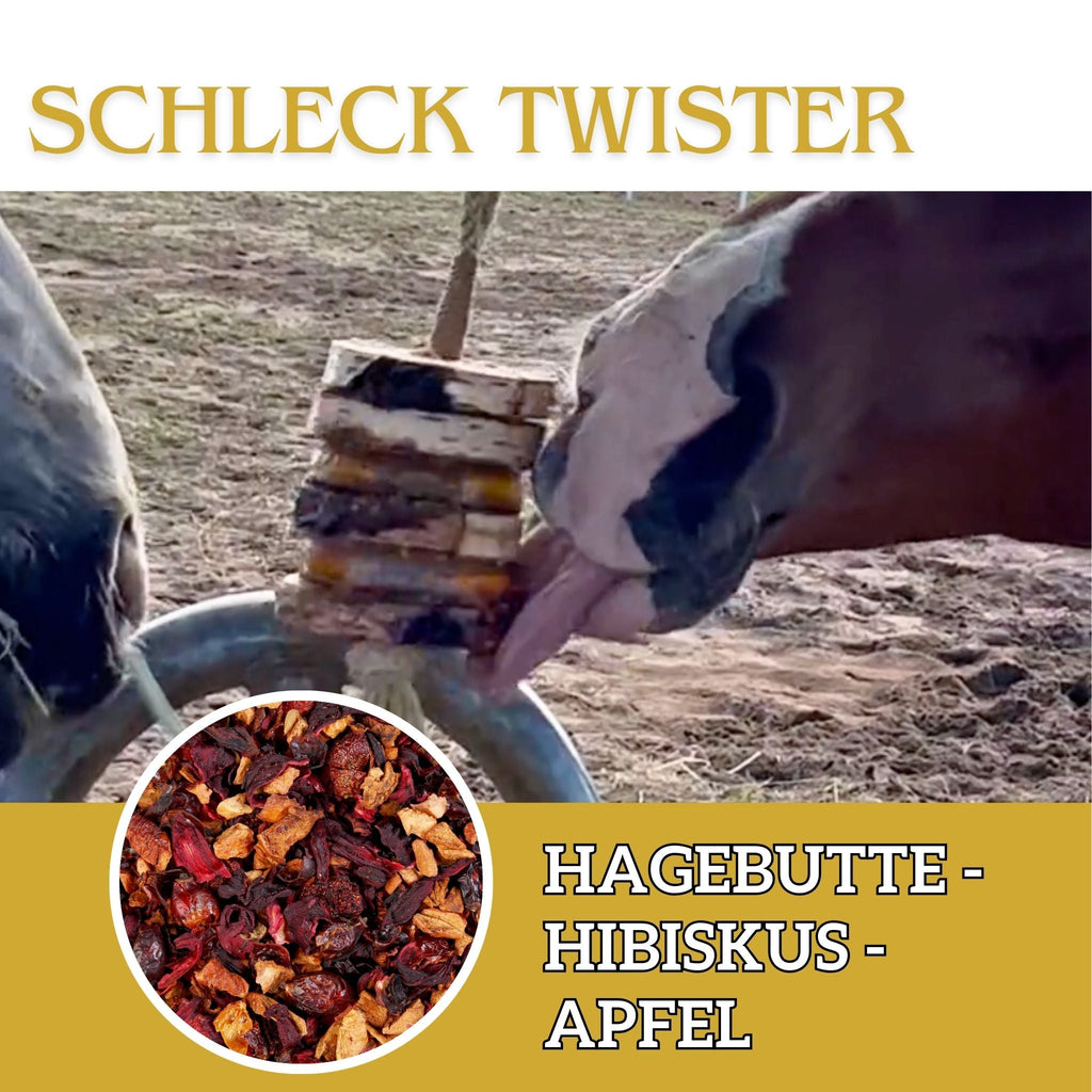 Schleck Twister Spielzeug für Pferde; Set aus Birkenholzhalterung und 2 Schleck Twister Scheiben deiner Wahl