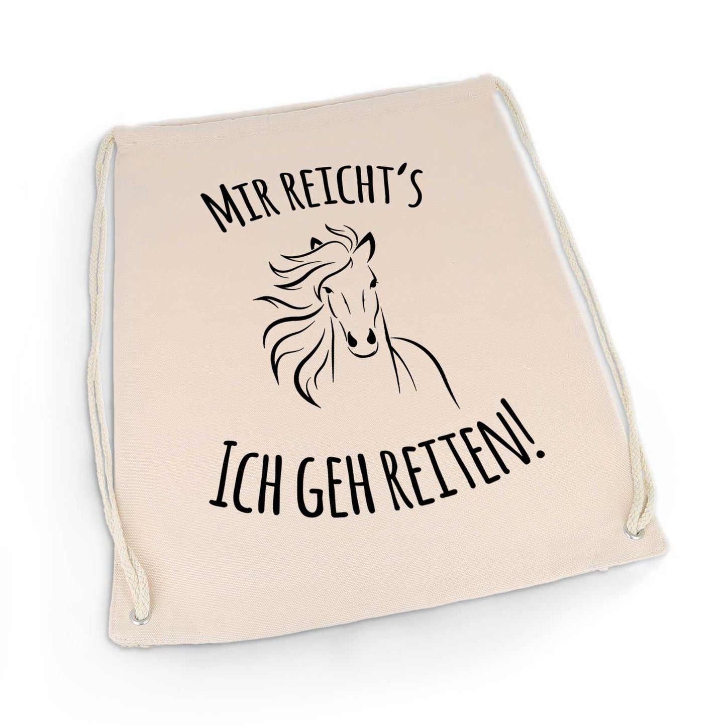 Bedruckter Turnbeutel mit Spruch „Ich geh reiten“