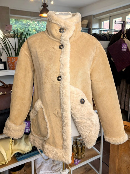 Wende Jacke Wolle Velours Haptik Hoher Kragen Beige Wollweiß Perlmuttknöpfe S/M - von Giovanni Paris 25586