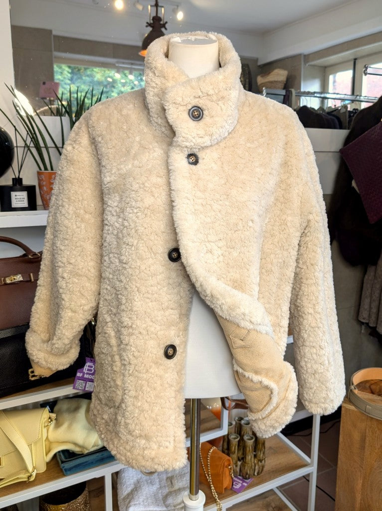 Wende Jacke Wolle Velours Haptik Hoher Kragen Beige Wollweiß Perlmuttknöpfe S/M - von Giovanni Paris 25586