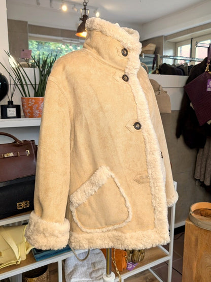 Wende Jacke Wolle Velours Haptik Hoher Kragen Beige Wollweiß Perlmuttknöpfe S/M - von Giovanni Paris 25586
