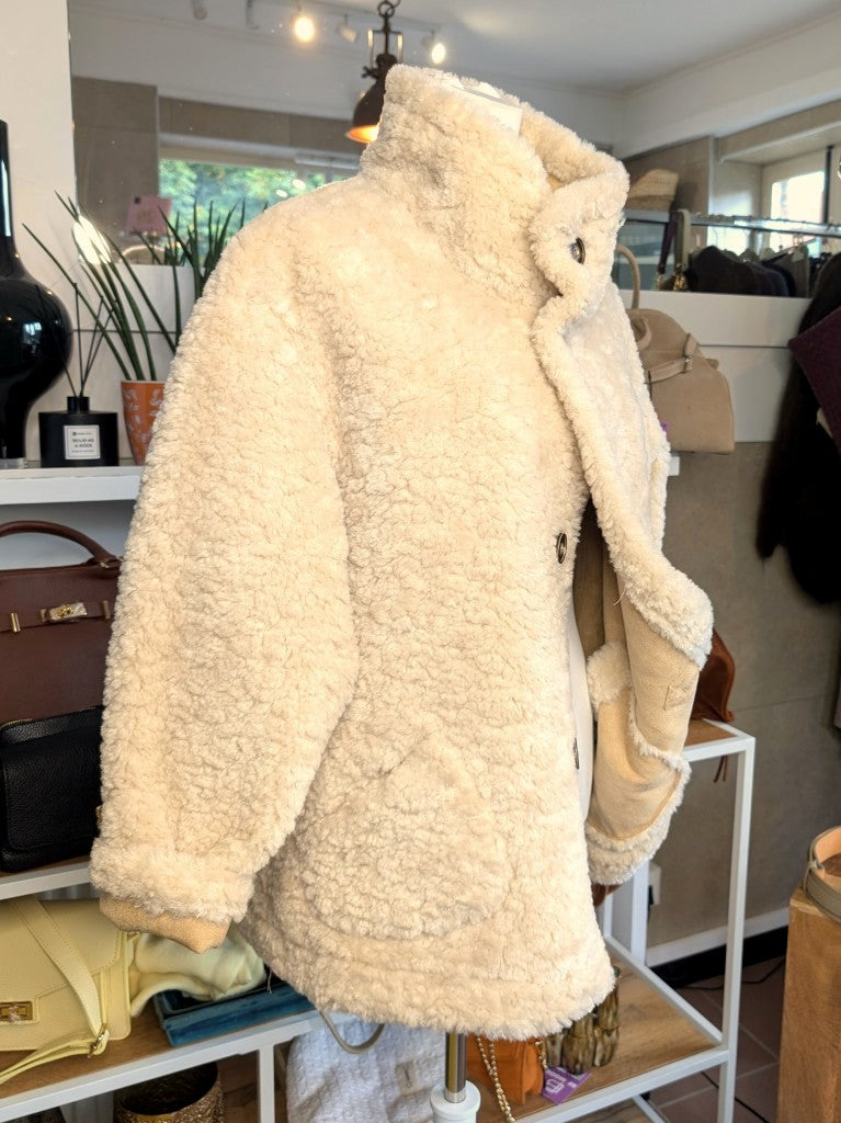 Wende Jacke Wolle Velours Haptik Hoher Kragen Beige Wollweiß Perlmuttknöpfe S/M - von Giovanni Paris 25586
