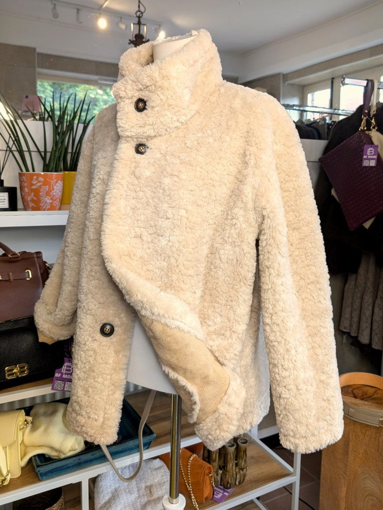 Wende Jacke Wolle Velours Haptik Hoher Kragen Beige Wollweiß Perlmuttknöpfe S/M - von Giovanni Paris 25586