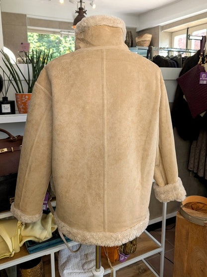 Wende Jacke Wolle Velours Haptik Hoher Kragen Beige Wollweiß Perlmuttknöpfe S/M - von Giovanni Paris 25586