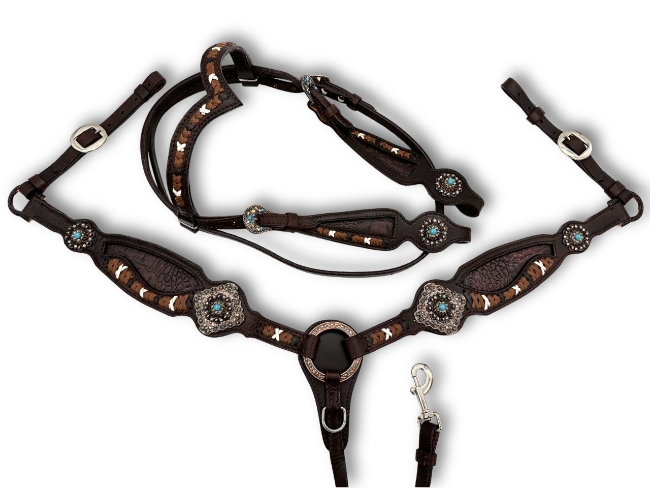 Vintage-Look Westerntrense, Set aus Kopfstück und Vorderzeug, Split Reins dunkelbraun - LpTrick