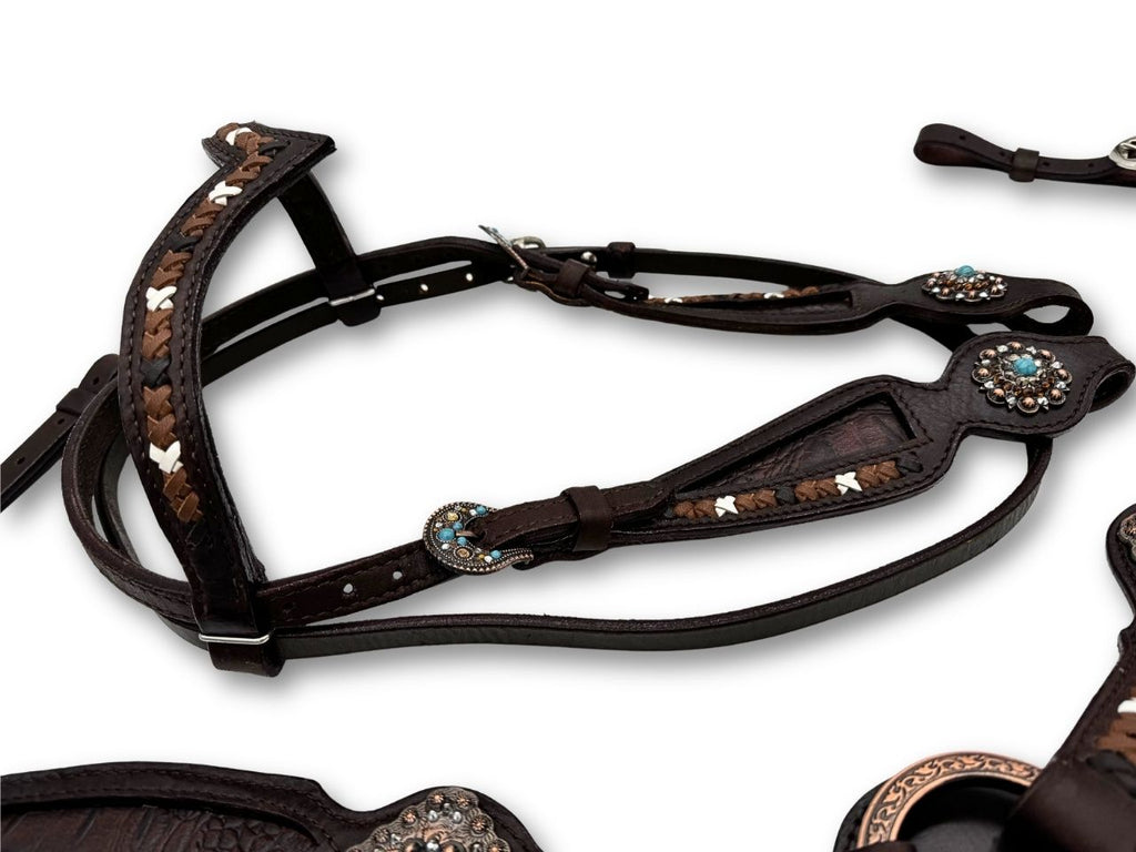 Vintage-Look Westerntrense, Set aus Kopfstück und Vorderzeug, Split Reins dunkelbraun - LpTrick