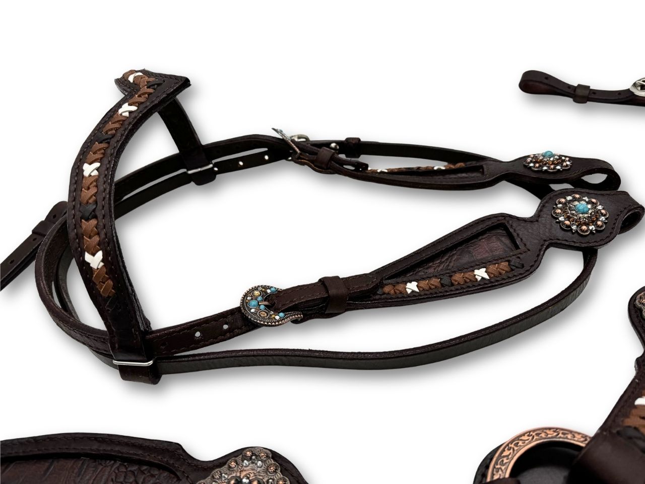 Vintage-Look Westerntrense, Set aus Kopfstück und Vorderzeug, Split Reins dunkelbraun - LpTrick