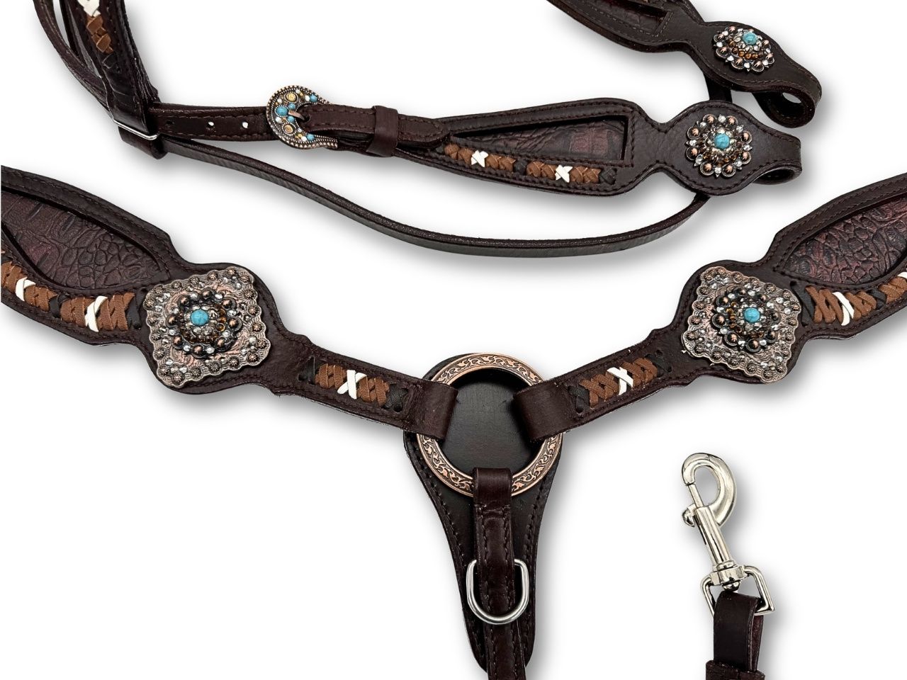 Vintage-Look Westerntrense, Set aus Kopfstück und Vorderzeug, Split Reins dunkelbraun - LpTrick