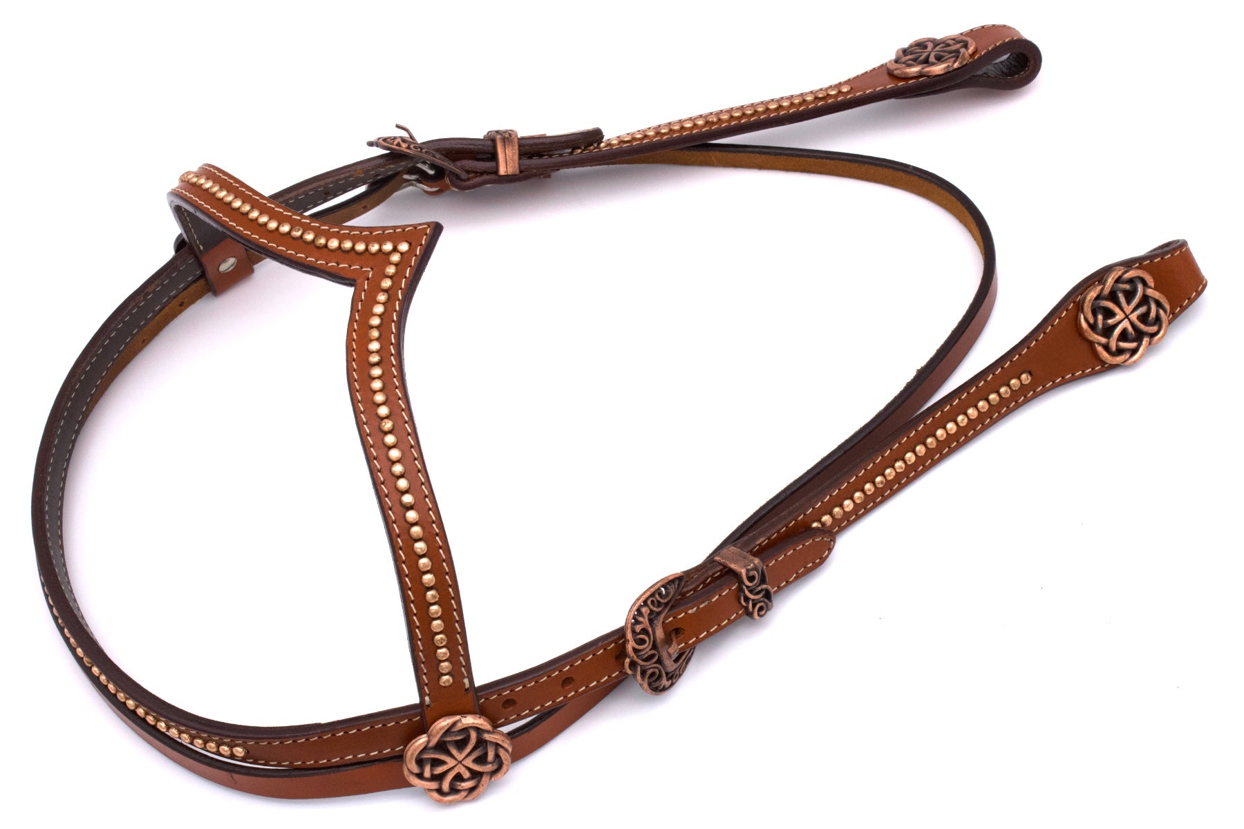 Westernzaum, Trense mit V-Stirnband, kupferfarbene Schnallen, Nieten und Conchos, braun,