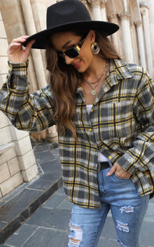 Yellow Brushed Check Oversized Pocket Detail Shacket Shirt Jacket In Grey