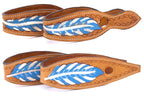 Leder Slobber Bars, slobber straps mit blau-weißer Feder,