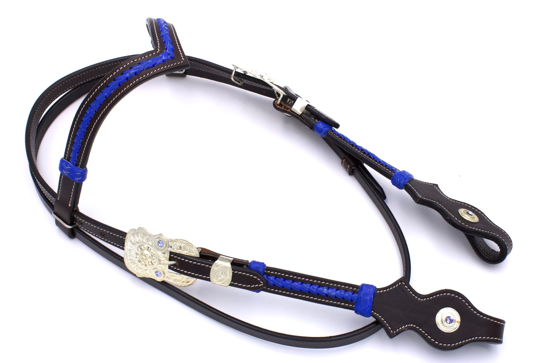 Westerntrense dunkelbraun mit blauen Verzierungen aus Rohhaut, V-Stirnriemen