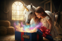 Weißes Einhorn mit kleinem Mädchen und Mysterybox