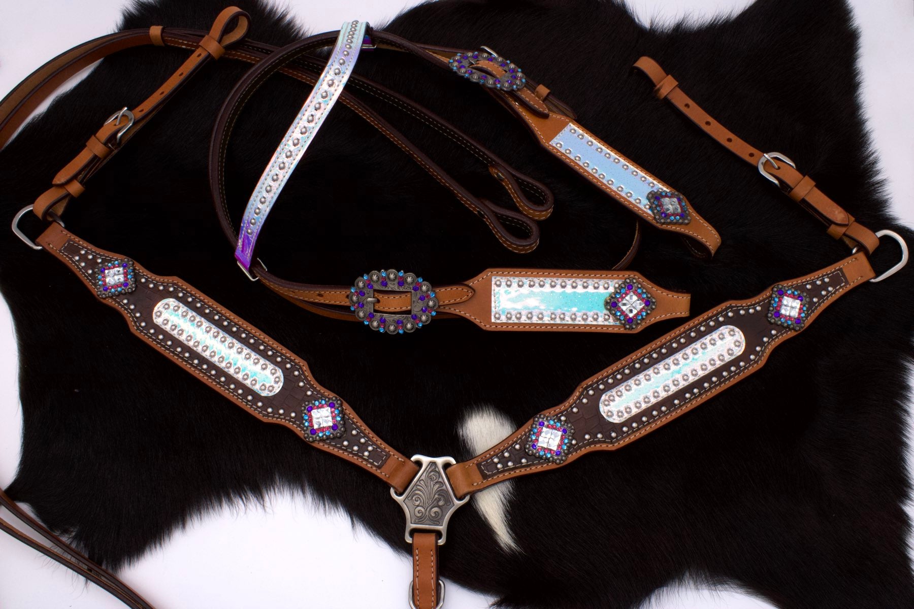 Hologramm Westerntrense mit Vorderzeug, Set aus Vorderzeug und Trense, Nieten