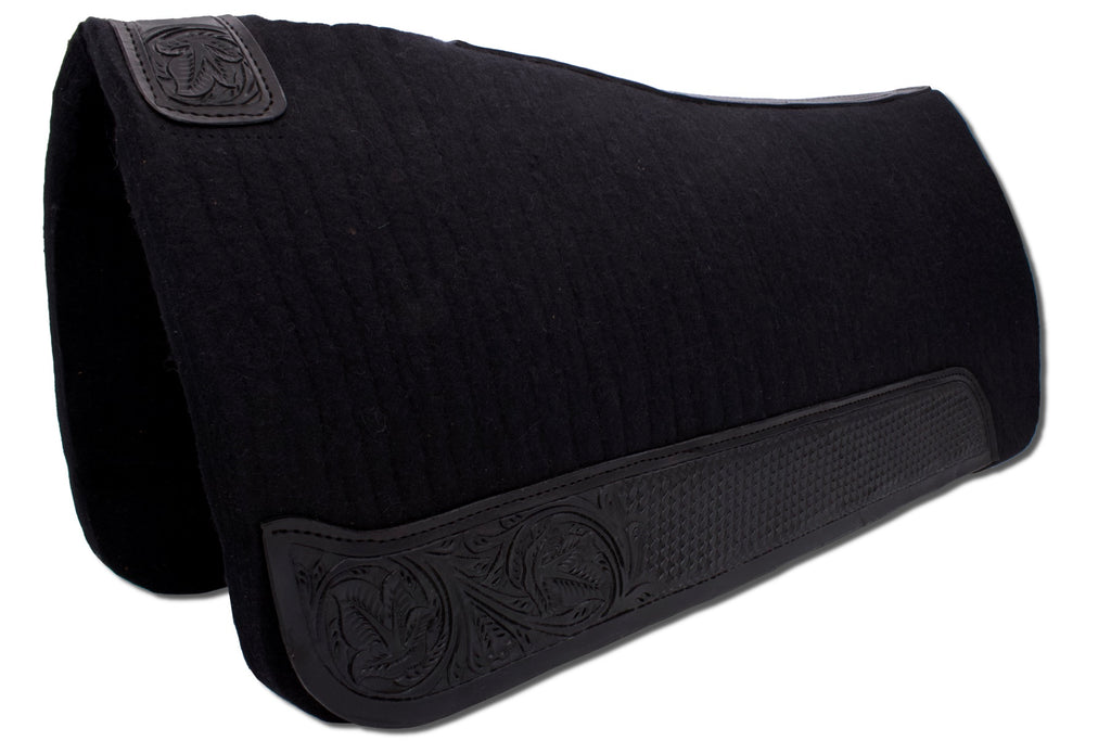 Western-Filzpad schwarz, Westernpad mit Lederbesatz schwarz