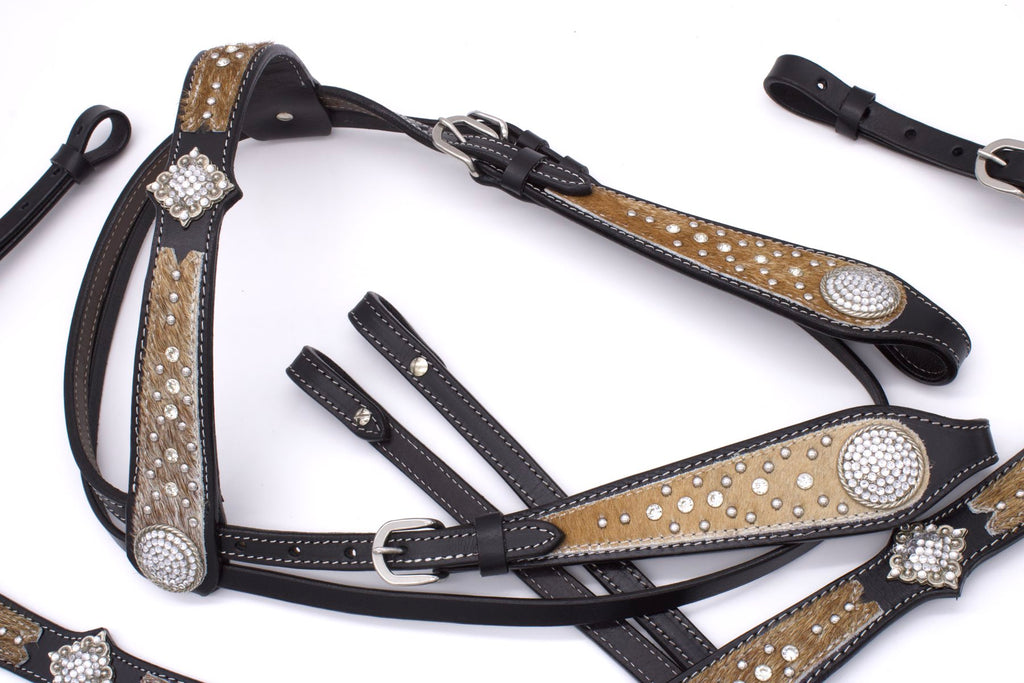 Show Western-Kopfstück schwarz, Set aus Trense mit Vorderzeug, Gürtelschnalle mit Strass,
