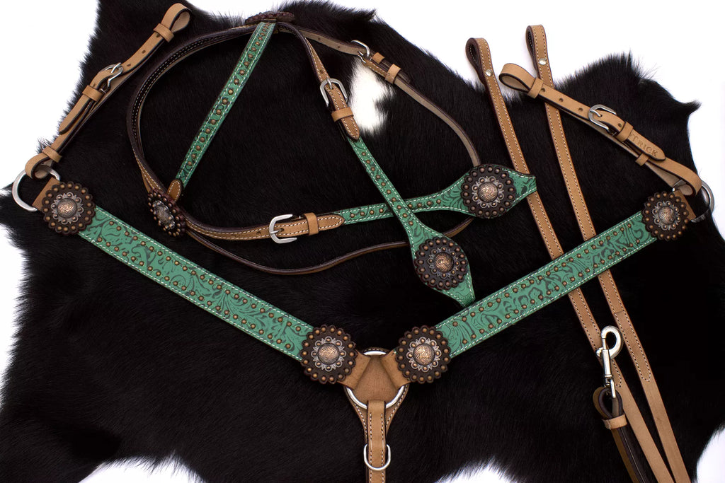 Western-Kopfstück, Set aus Trense mit Western-Vorderzeug, grünes Muster, kupferfarbene Conchos,