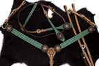 Western-Kopfstück, Set aus Trense mit Western-Vorderzeug, grünes Muster, kupferfarbene Conchos,
