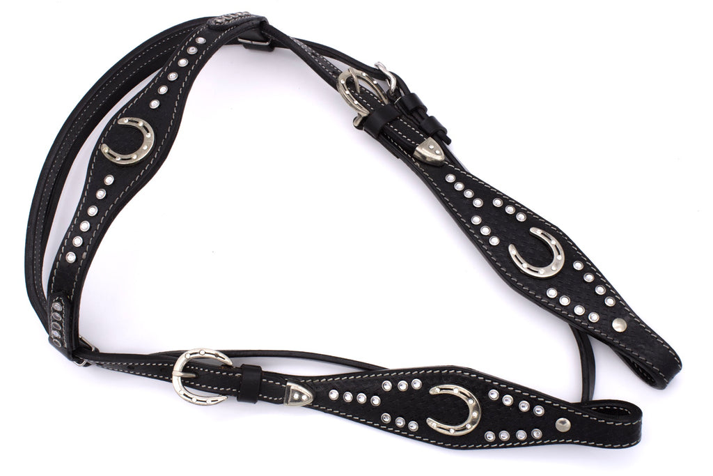 Westerntrense, Set aus Kopfstück und Vorderzeug, Hufeisen, schwarz, mit Strasssteinen, Glitzer,