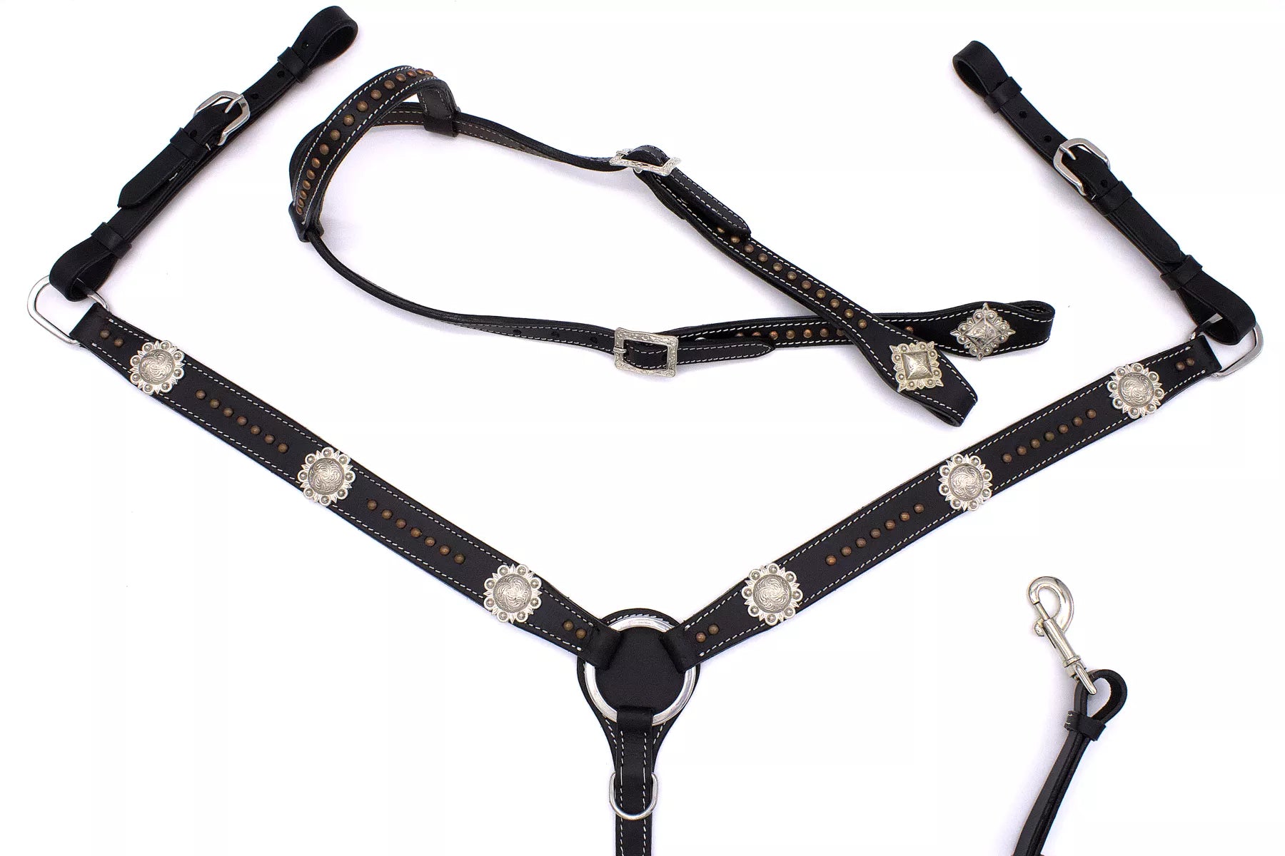 Westernset schwarz mit kupferfarbenen Nieten, silberfarbene Conchos, Einohr