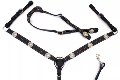 Westernset schwarz mit kupferfarbenen Nieten, silberfarbene Conchos, Einohr